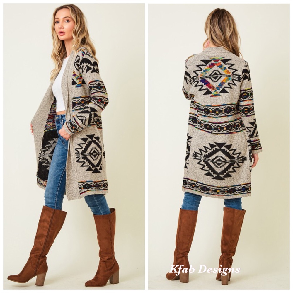 ❤️LAST 1 Aztec Rainbow Jacquard Long Sweater Cardi - Picture 4 of 8